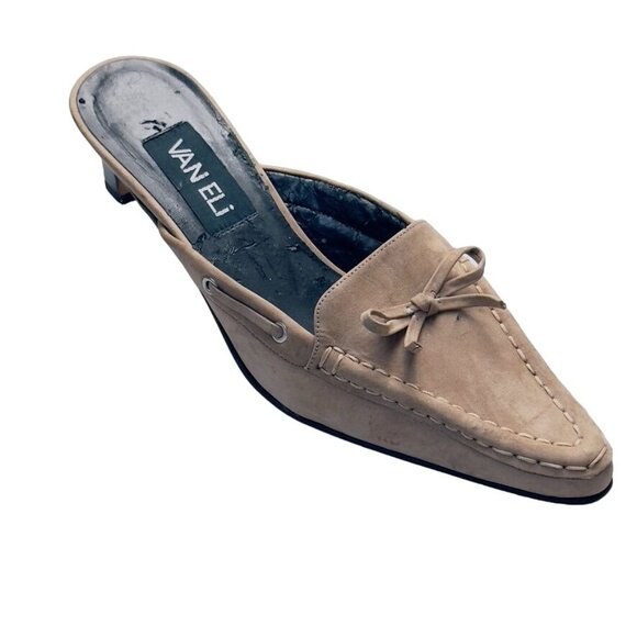 Van Eli Shoes - VAN ELI Womens Shoes Beige Suede Leather Kitten Heel Mules Moccasin Look Size 7M